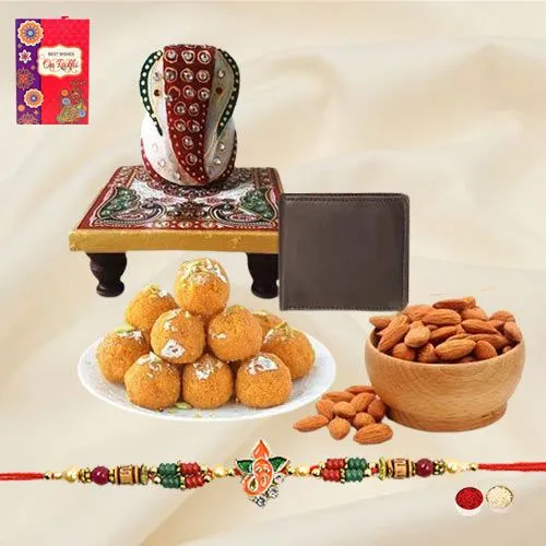 Pious Ganesh Rakhi with Wallet, Ganesh Marble Chowki, Sweets N Almonds