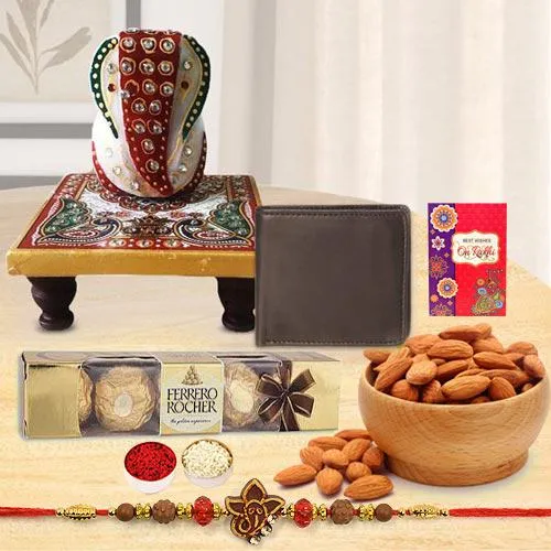 Holy Ganesh Rakhi with Wallet, Marble Chowki, Almond N Ferrero Rocher