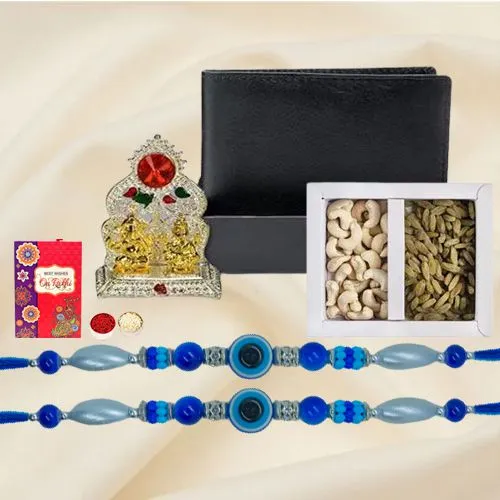 Trendy Duel Evils Eye Rakhi with Leather Wallet, Mandap n Dry Fruits