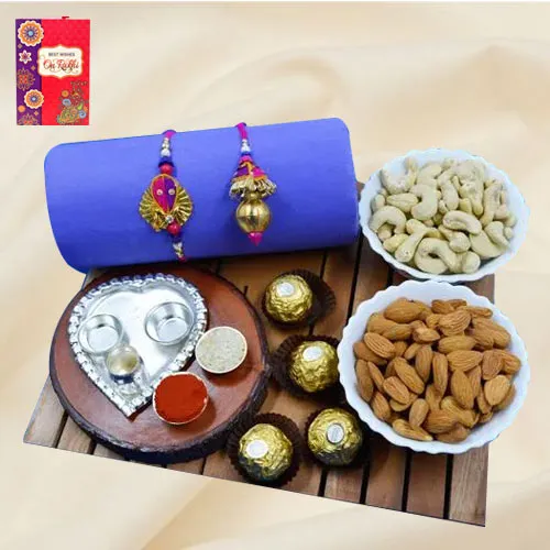 Designer Zardosi Rakhi Lumba with Puja Thali, Dry Fruits n Ferrero Rocher