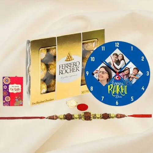 Fancy Personalized Table Clock with Ferrero Rocher N A Rudraksha Rakhi