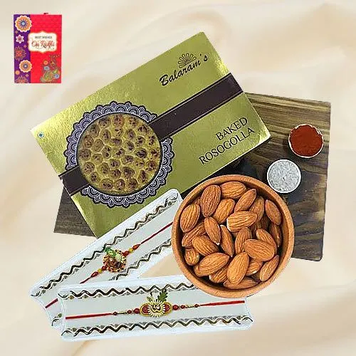 Finest Balaram Mullicks Baked Rasgulla with Almond N Twin Ethnic Rakhi