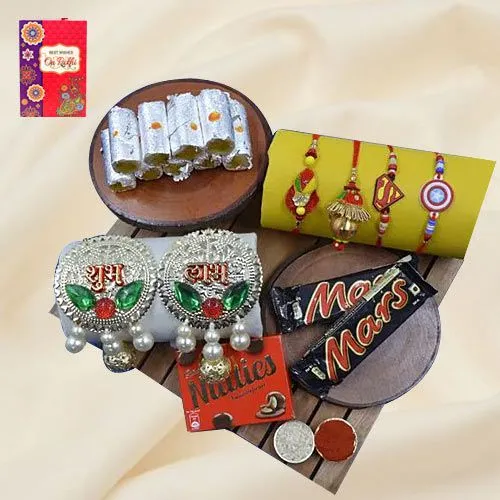 Lavish Gift of Family Rakhi Set with Haldiram Sweets, Chocolates N Puja Decoration