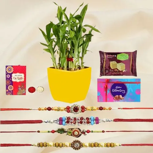 Holy Selection of Four Rakhi N 2 Tier Bamboo Plant
