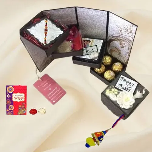 Extraordinary Handmade 4 Layer Stepper Box of Chocolates with Rakhi