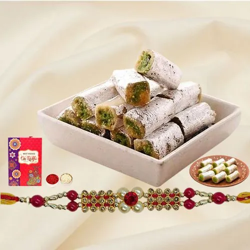 250g Tasty Kaju Pista Roll with a fancy Rakhi with free Roli Tilak Chawal