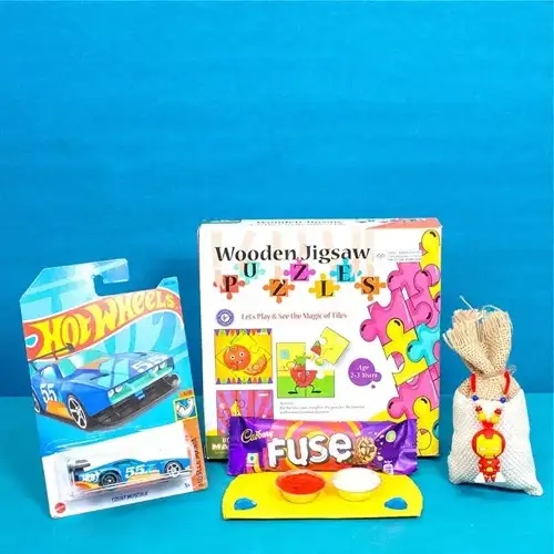 Remarkable Jigsaw Puzzle n Hot Wheels Car Rakhi Hamper