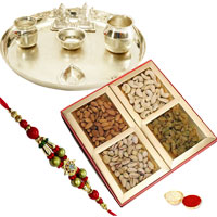Fascinating Silver Plated Thali, Mixed Dry Fruits, Rakhi with Festive Look Fascinating Silver Plated Thali, Mixed Dry Fruits, Rakhi with Festive Look