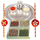 Pure Silver Thali with Dry Fruits along with Free Rakhi, Roli Tilak and Chawal Pure Silver Thali with Dry Fruits along with Free Rakhi, Roli Tilak and Chawal