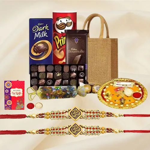 Twin Om Rakhi n Gifts with Pooja Thali