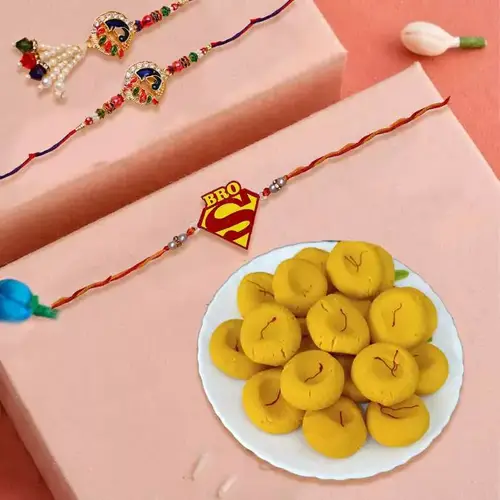 Splendid Family Rakhi Set n Kesaria Peda Combo