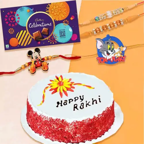 Designer Rakhi Set of 4 with Red Velvet Cake and Cadbury Celebration