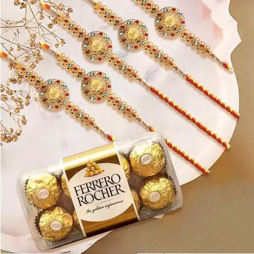 Outstanding Rakhi Set of 5 with 16 pcs Ferrero Rocher Chocolates