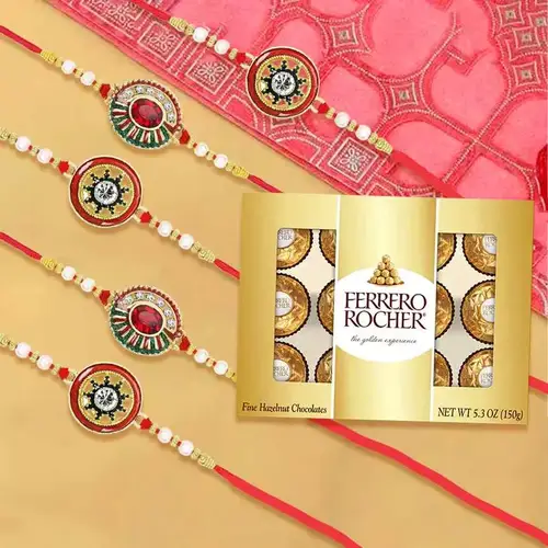 Gaudy Rakhi Set of 5 with Ferrero Rocher Moments Chocolates