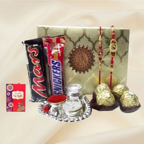 Cool Twin Rakhi with Silver Plated Puja Thali N Assorted Chocolates