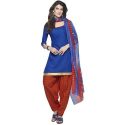 Elegantly Shaded in Blue and Red Cotton Printed Patiala Suit Elegantly Shaded in Blue and Red Cotton Printed Patiala Suit
