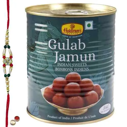 Relishing <font color=#FF0000>Haldiram</font> Gulab Jamun with Free Rakhi, Roli Tilak and Chawal