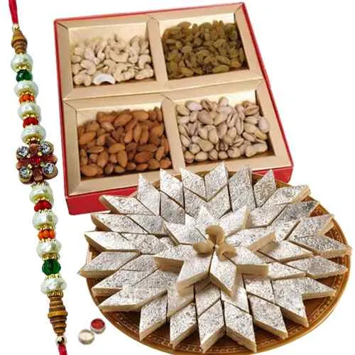 Lovely <font color=#FF0000>Haldiram</font> sweets,Dry fruits with free Rakhi, Roli tilak and Chawal