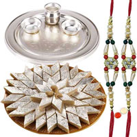 Silver Plated Thali having <font color=#FF0000>Haldiram</font>s Badam Katli and 2 free Rakhi, Roli Tilak and Chawal Silver Plated Thali having <font color=#FF0000>Haldiram</font>s Badam Katli and 2 free Rakhi, Roli Tilak and Chawal