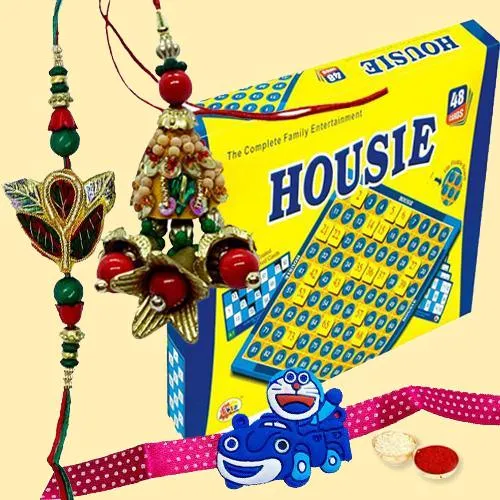 Incomparable Housie Deluxe Family Board Game with Rakhi, Lumba, Doraemon Rakhi and Roli, Tilak and Chawal.