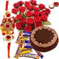 Eye-Catching Red Roses, Fresh Cake with Assorted Chocolates and 2 Rakhi with Blissful Love Eye-Catching Red Roses, Fresh Cake with Assorted Chocolates and 2 Rakhi with Blissful Love